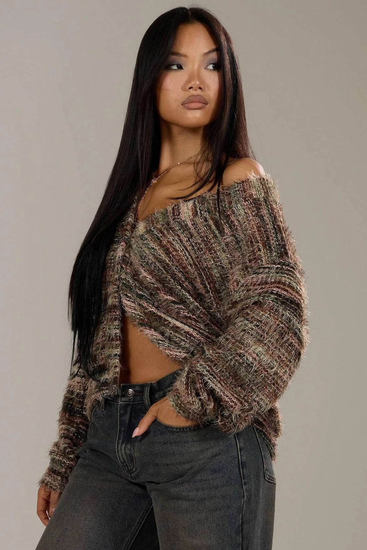 New Retro Fashion Deep V-Neck Maillard Plush Long-Sleeve Knit Cardigan - Image 11