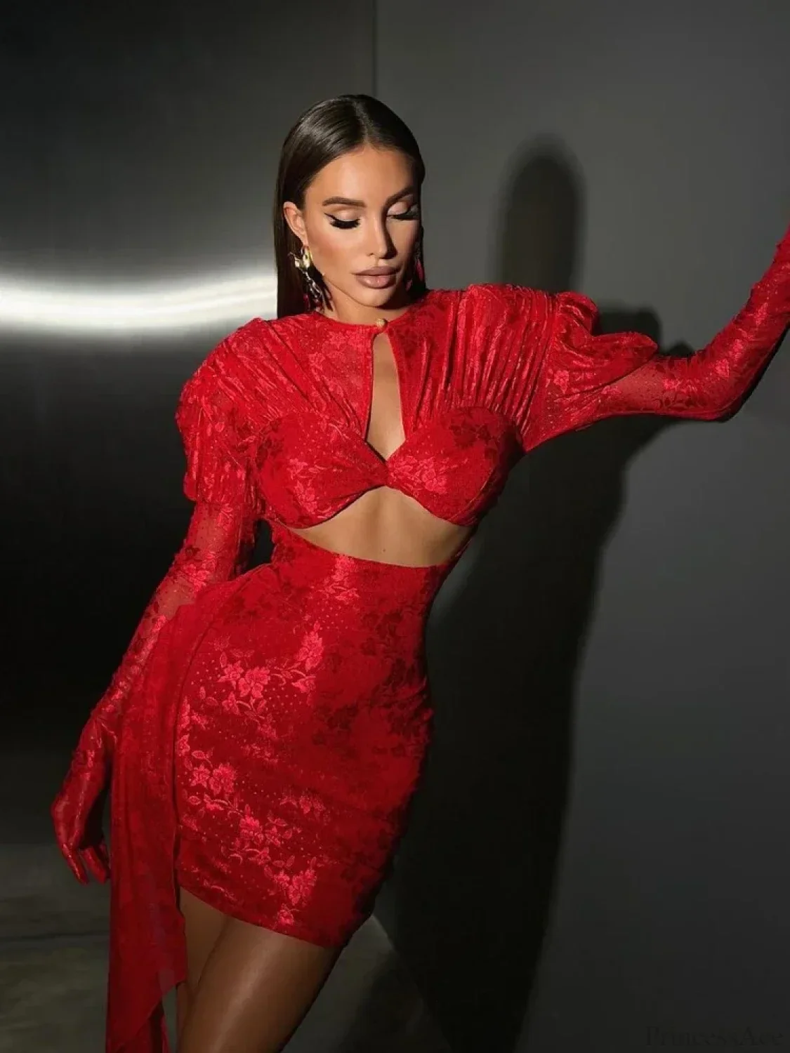 New Sexy Gloves Long Sleeves Cutout Pleated Draped Mini Party Dress - Image 6