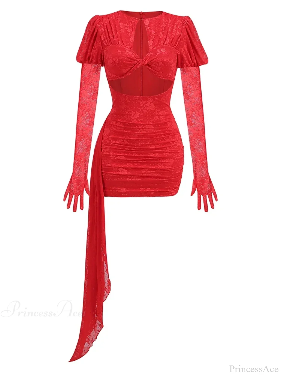 New Sexy Gloves Long Sleeves Cutout Pleated Draped Mini Party Dress - Image 7