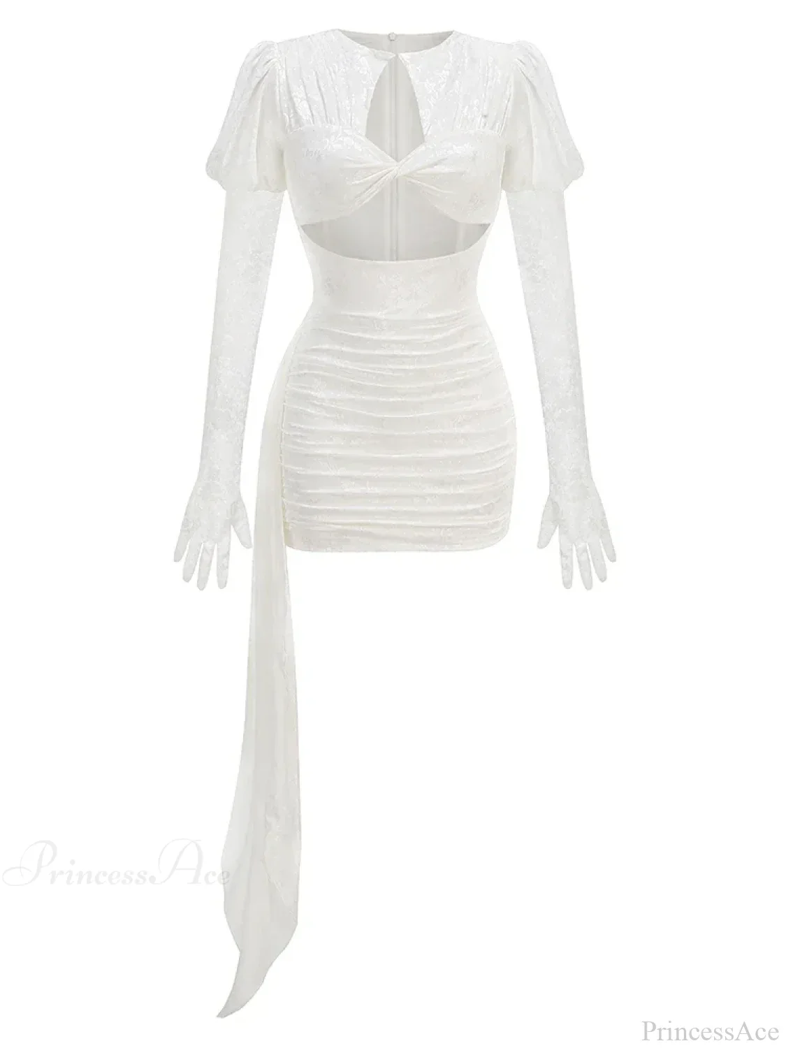 New Sexy Gloves Long Sleeves Cutout Pleated Draped Mini Party Dress - Image 8