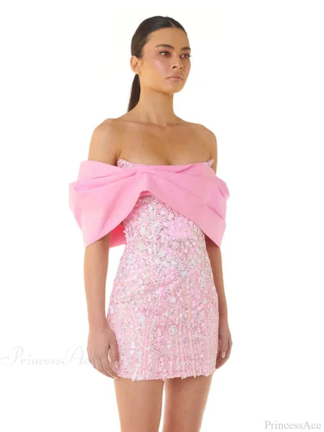 New Sexy Off Shoulder Sequins Pink Slash Neck Sparkly Elegant Party Dress - Image 3