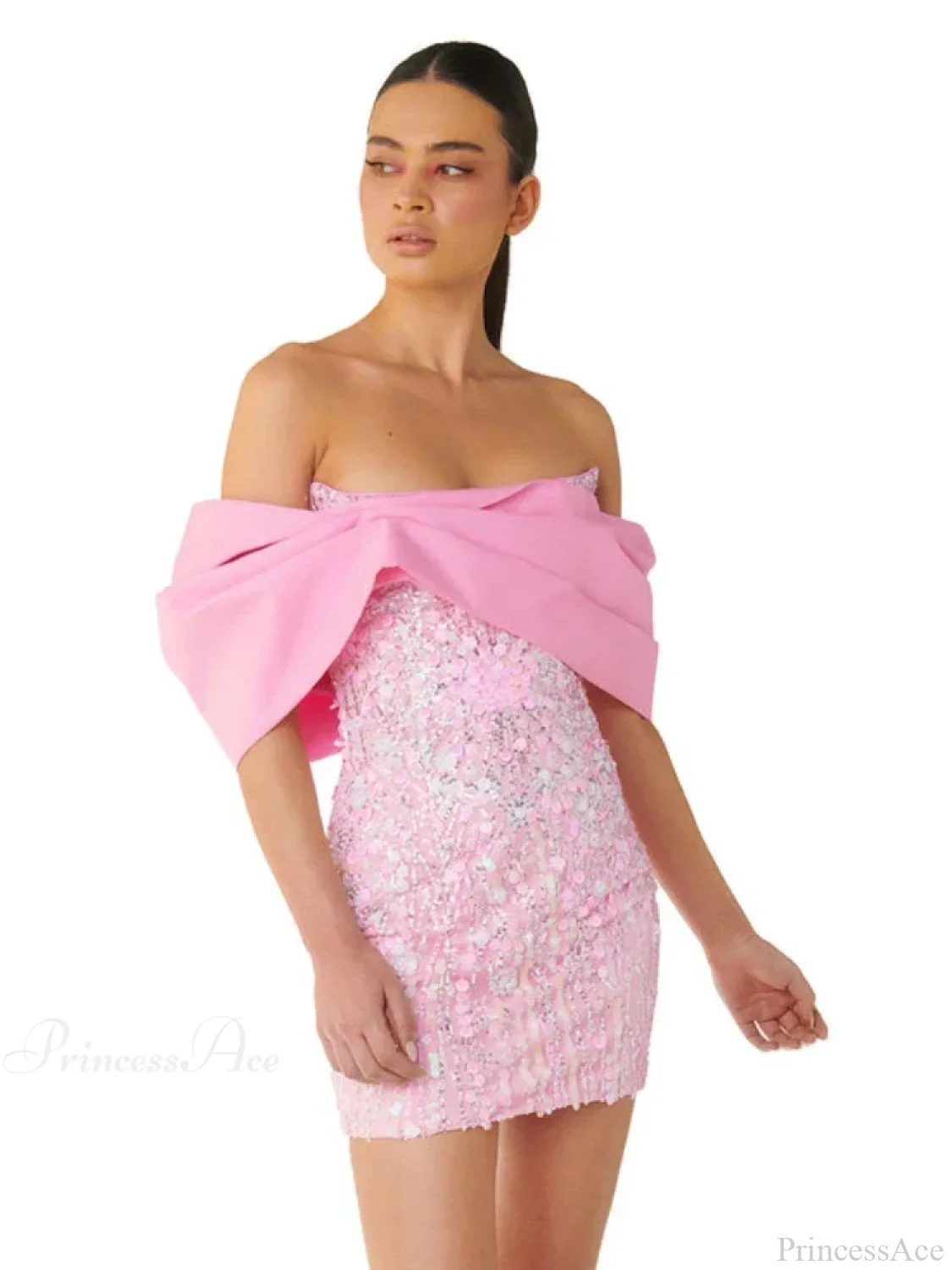New Sexy Off Shoulder Sequins Pink Slash Neck Sparkly Elegant Party Dress - Image 4