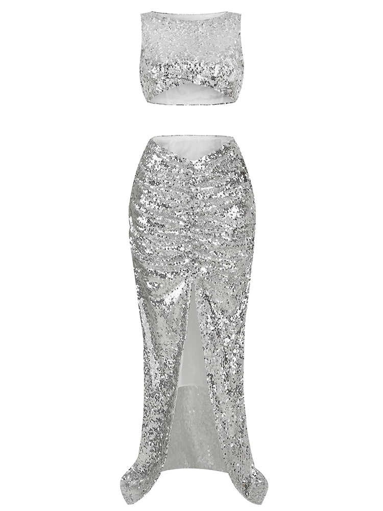 New Summer Silver Fashion Sequins Two-Piece Set Sleeveless Skirt Party Dress - Image 7