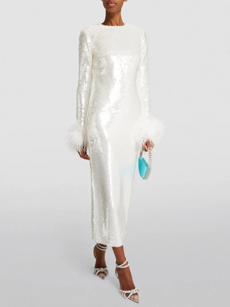 New Women O Neck Long Sleeve Luxury Sequin Feather Party Dress - Image 2