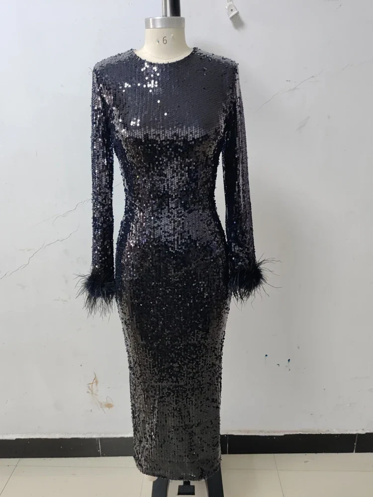New Women O Neck Long Sleeve Luxury Sequin Feather Party Dress - Image 4