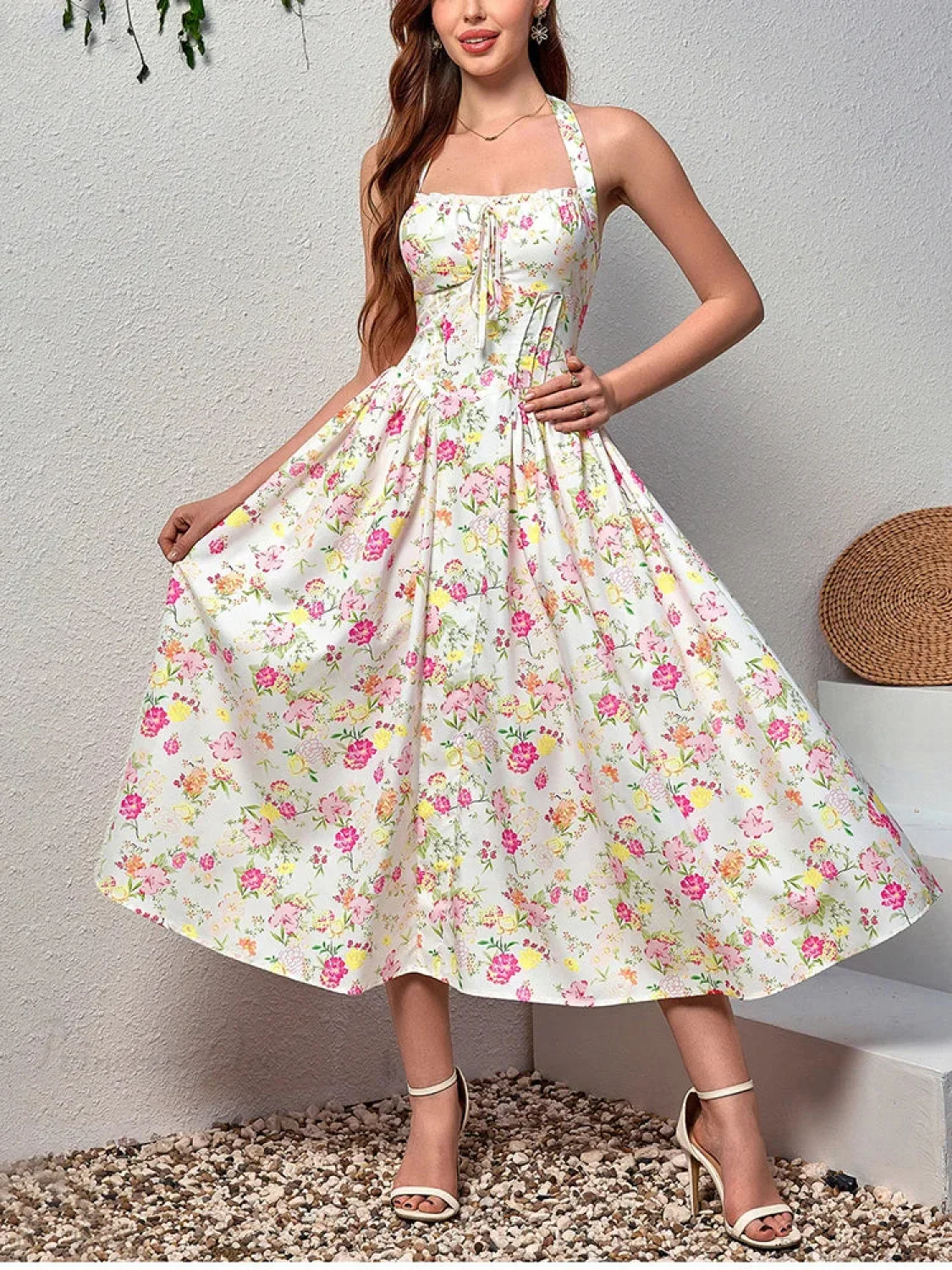 Halter Backless Print Floral Pink Dress - Image 6