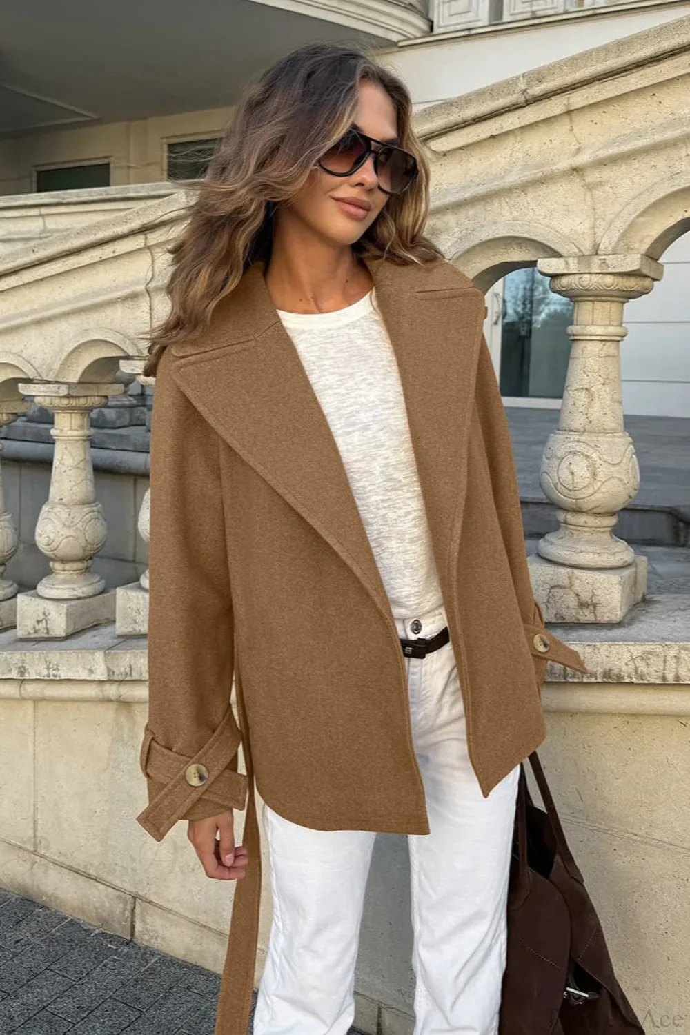 Notched Collar Wool Blend Tie Waist Barn Style Coat - Image 3