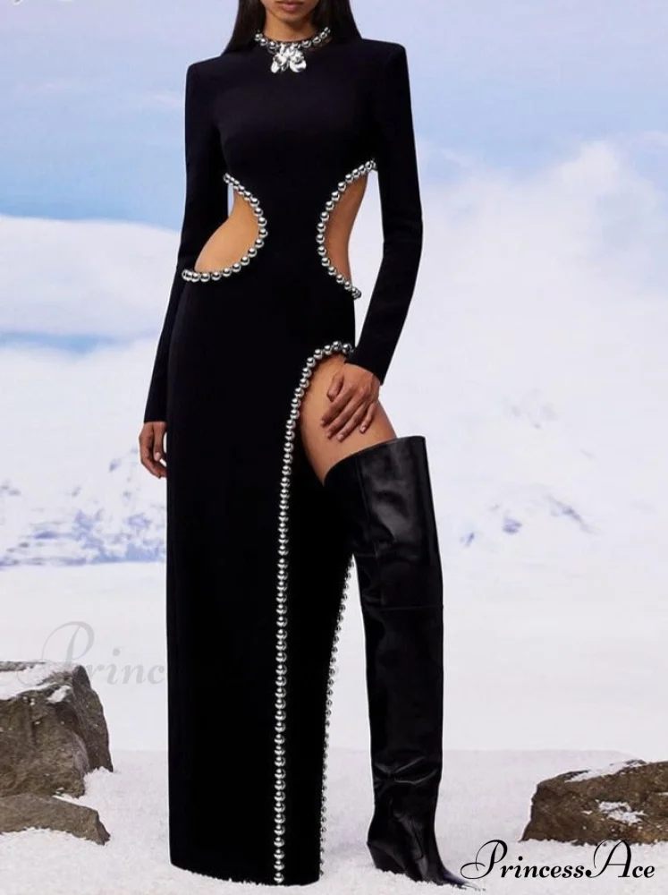 O Black Long Bodyband Sexy Beaded Women's Cutout Gown Neck Party Celebrity Dress