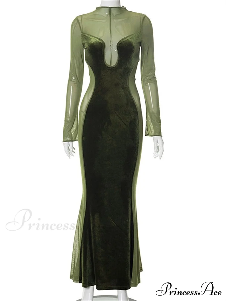 O Elegant Arm Dresses Fashion Full-Length Through Fall Party Gown Club Neck for Outfits Sexy - Long Mesh Patchwork See Women - Image 11