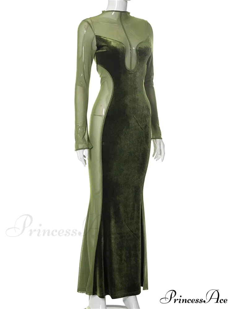O Elegant Arm Dresses Fashion Full-Length Through Fall Party Gown Club Neck for Outfits Sexy - Long Mesh Patchwork See Women - Image 12
