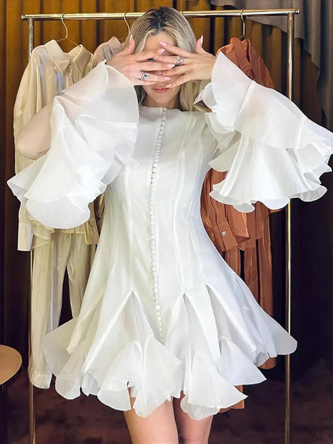 O-Neck Flare Sleeve Mini Dress - Image 5