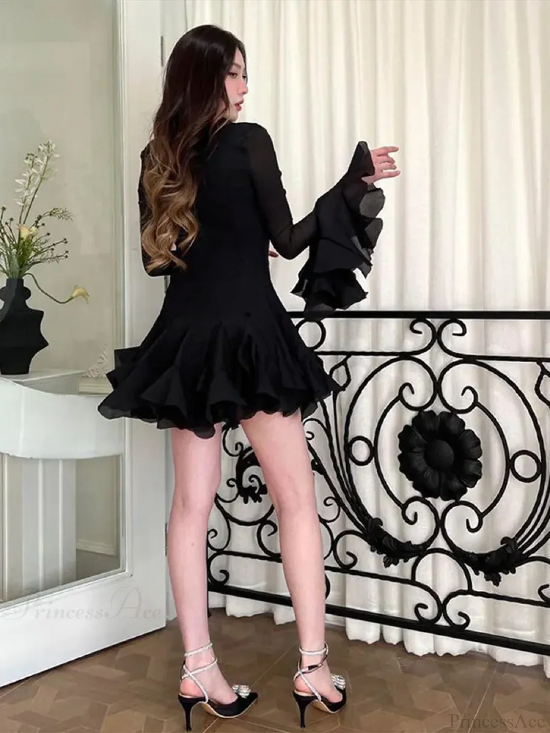 O-Neck Flare Sleeve Mini Dress - Image 6