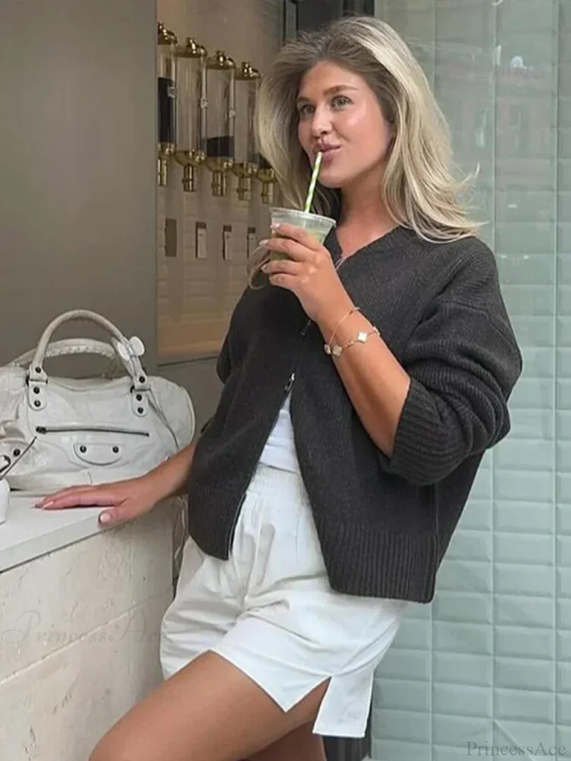 O-neck Zipper Loose Knit Cardigan - Image 4