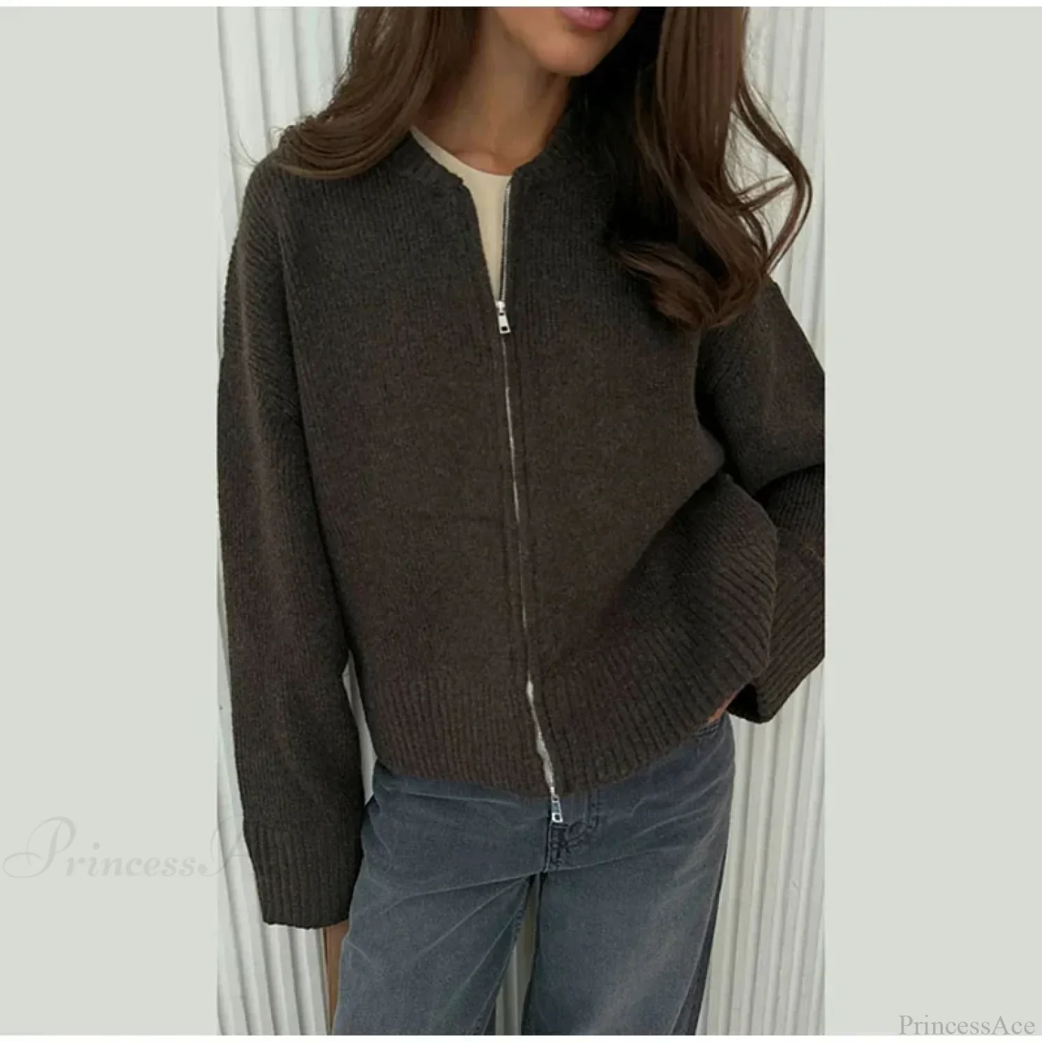 O-neck Zipper Loose Knit Cardigan - Image 8