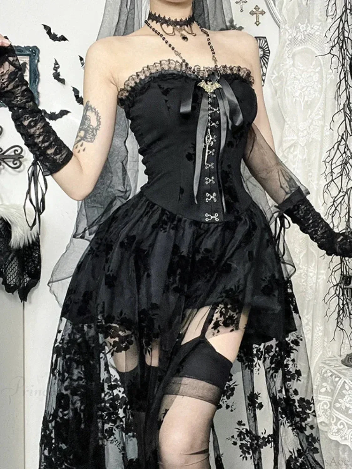 Obscure Blooms Net Bodice Midi Dress
