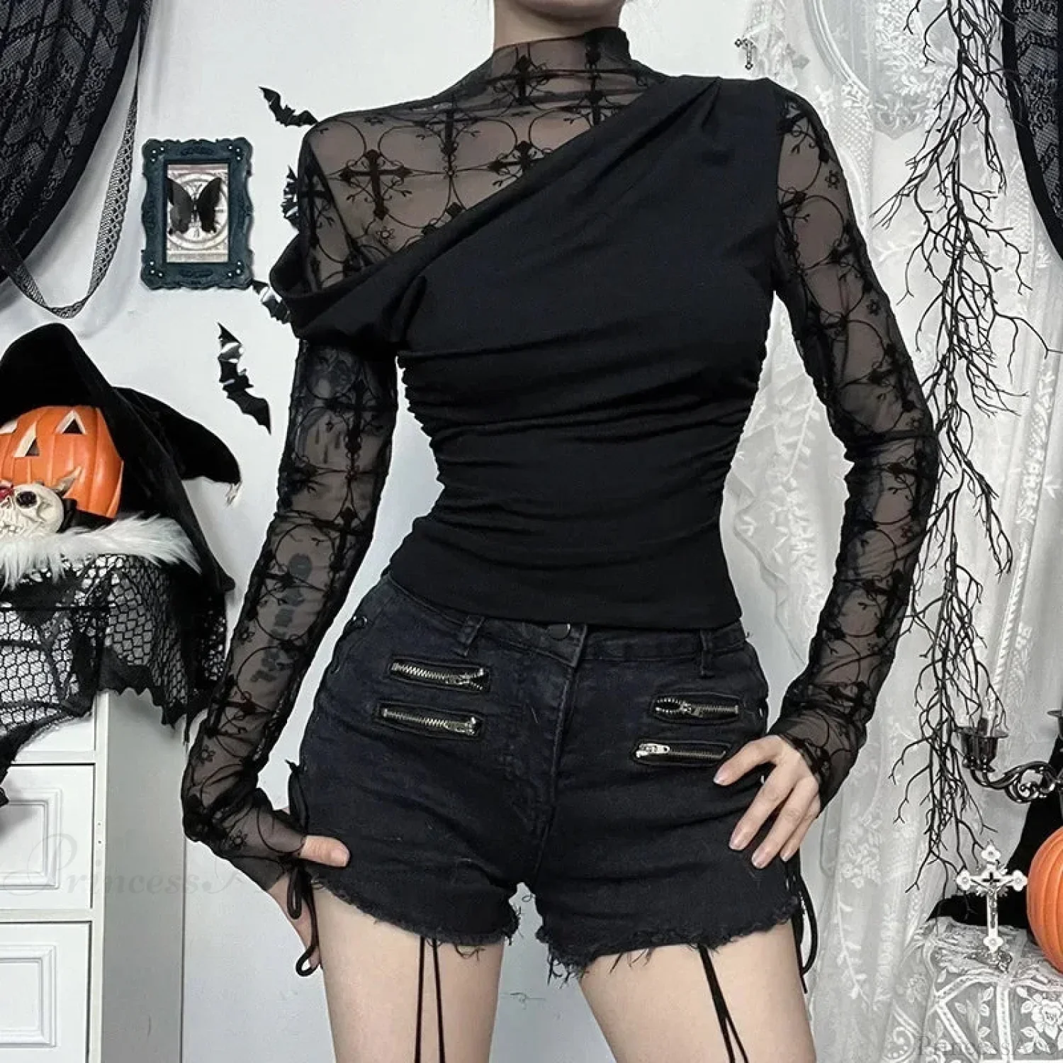 Obscure Gothic Net Patchwork Blouse - Image 2