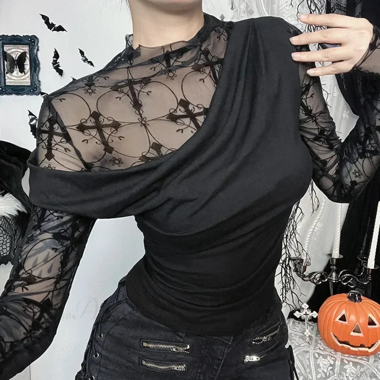 Obscure Gothic Net Patchwork Blouse - Image 3
