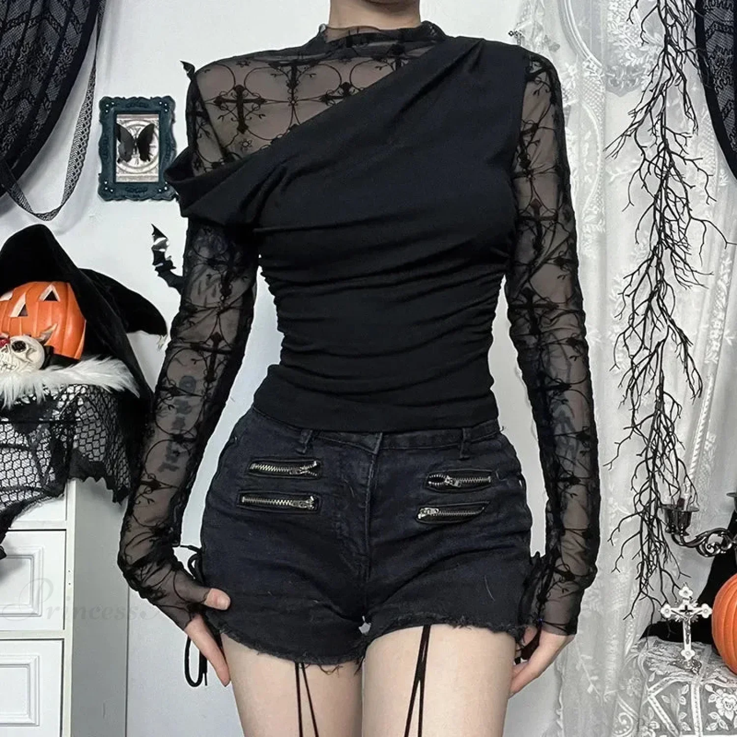 Obscure Gothic Net Patchwork Blouse - Image 5
