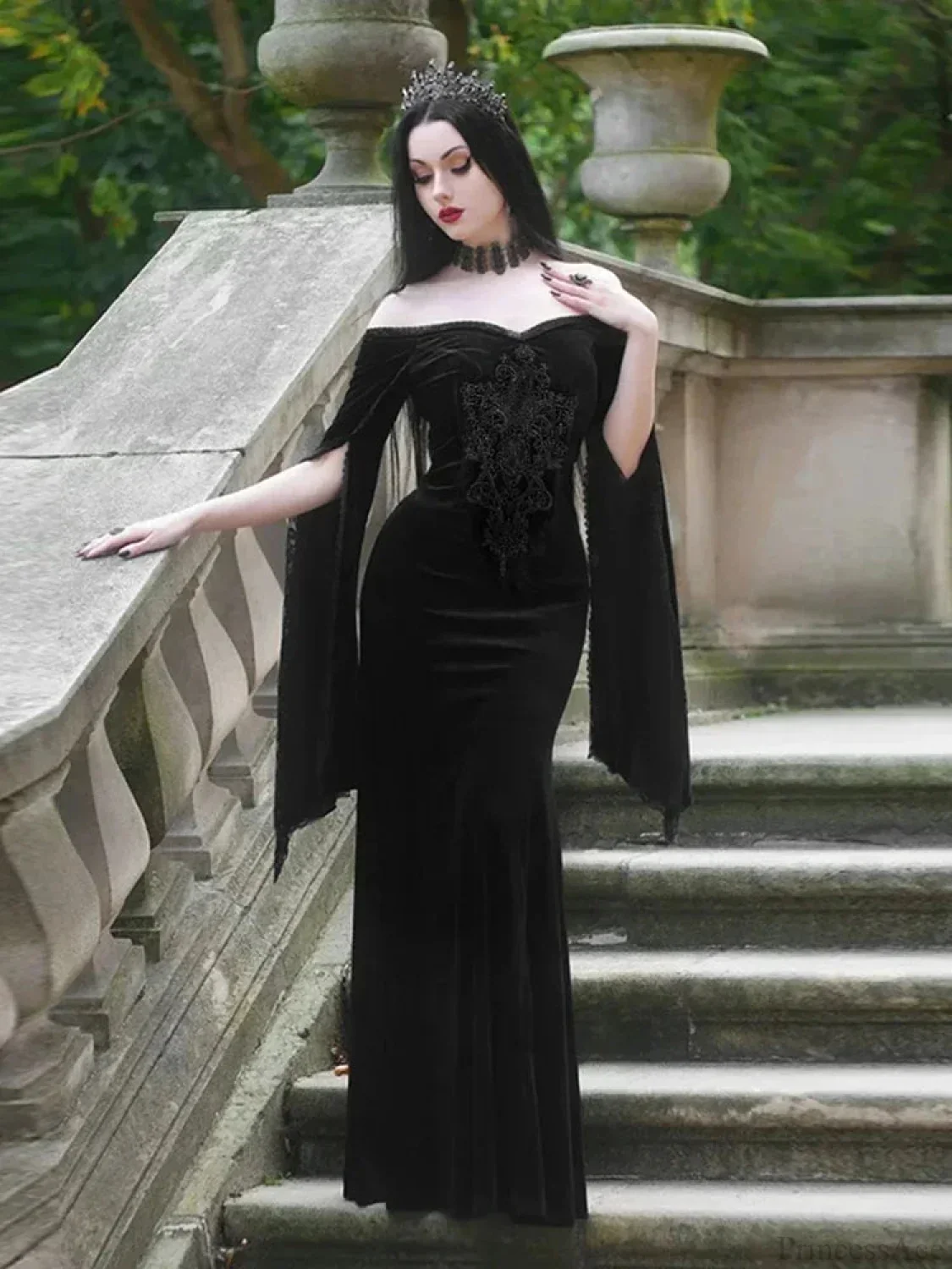 Obscure Velvet Needlework Off-Shoulder Full-Length Dress - Image 2