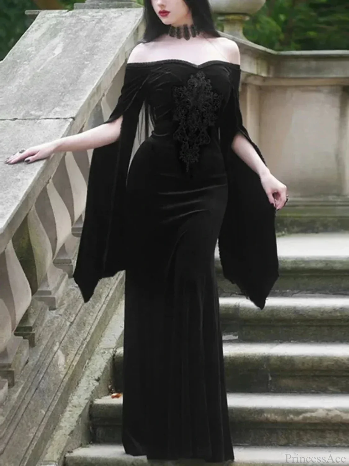 Obscure Velvet Needlework Off-Shoulder Full-Length Dress - Image 5