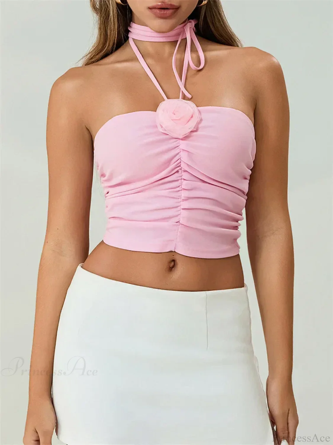 Off Shoulder 3D Flower Ruched Tube Crop Top - Image 3