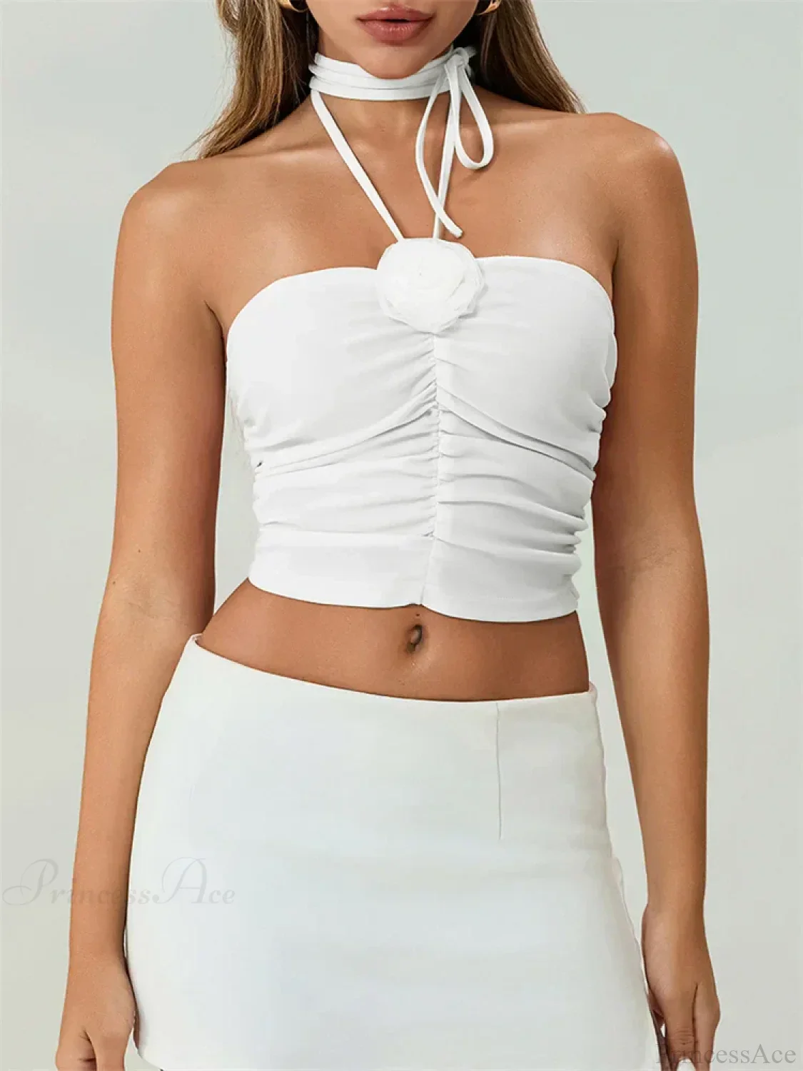 Off Shoulder 3D Flower Ruched Tube Crop Top - Image 5