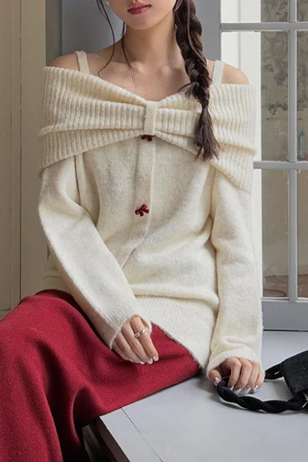 Off-Shoulder Bow Button Long Sleeve Wool Knitted Sweater - Image 2