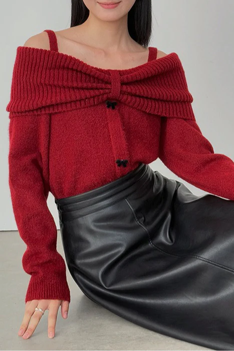 Off-Shoulder Bow Button Long Sleeve Wool Knitted Sweater - Image 6