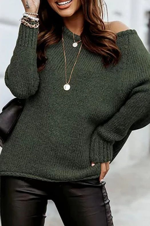 Off-Shoulder Crew-Neck Loose Knit Sweater - Image 2