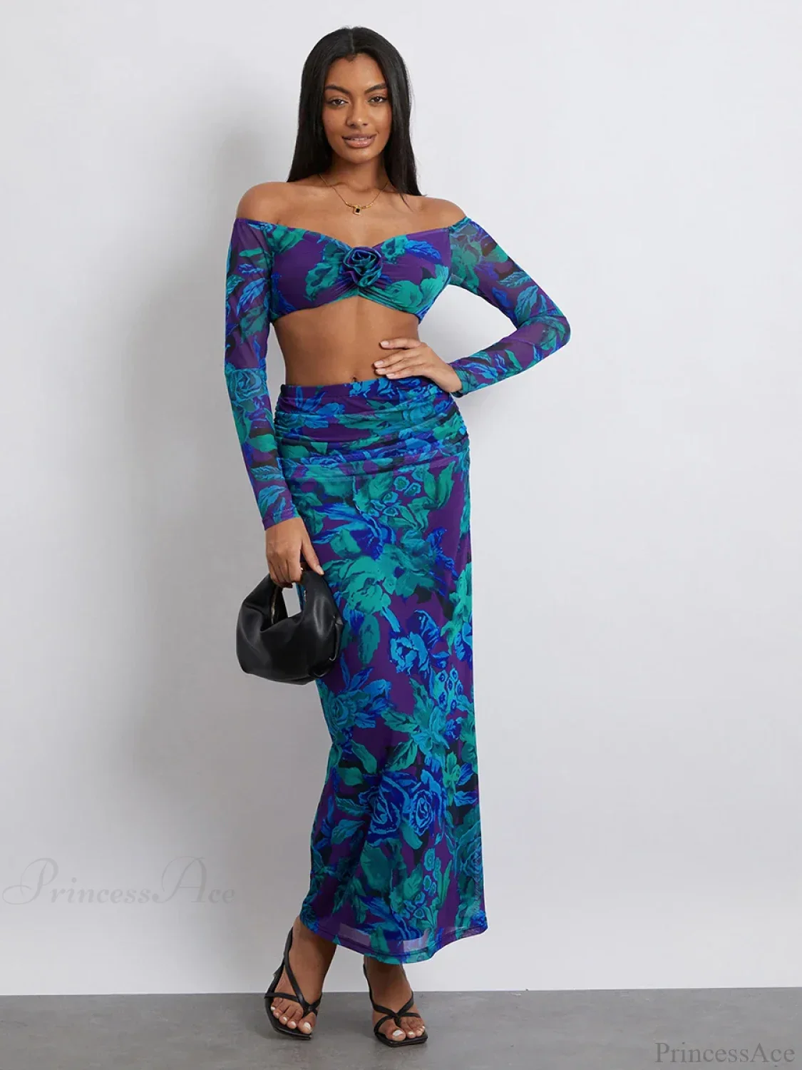 Off-Shoulder Crop Top High Waist Long Floral Skirt - Image 2