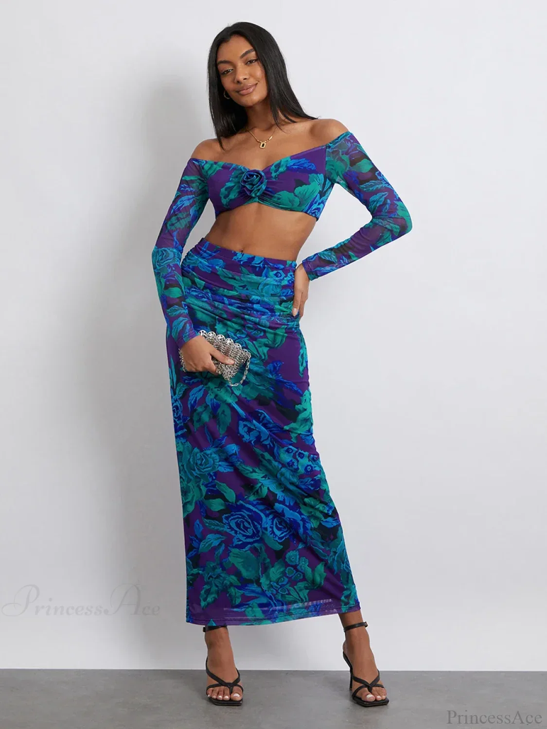Off-Shoulder Crop Top High Waist Long Floral Skirt - Image 4