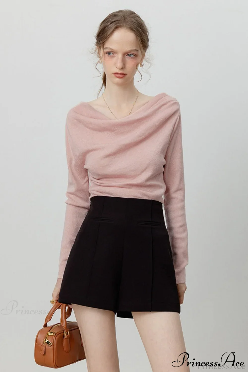 Off-Shoulder Draped Collar Waist-Cinched Knit Top