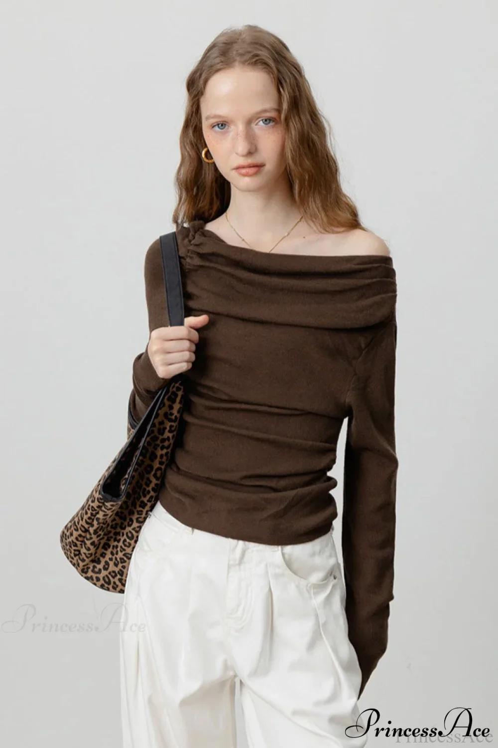 Off-Shoulder Draped Collar Waist-Cinched Knit Top - Image 11