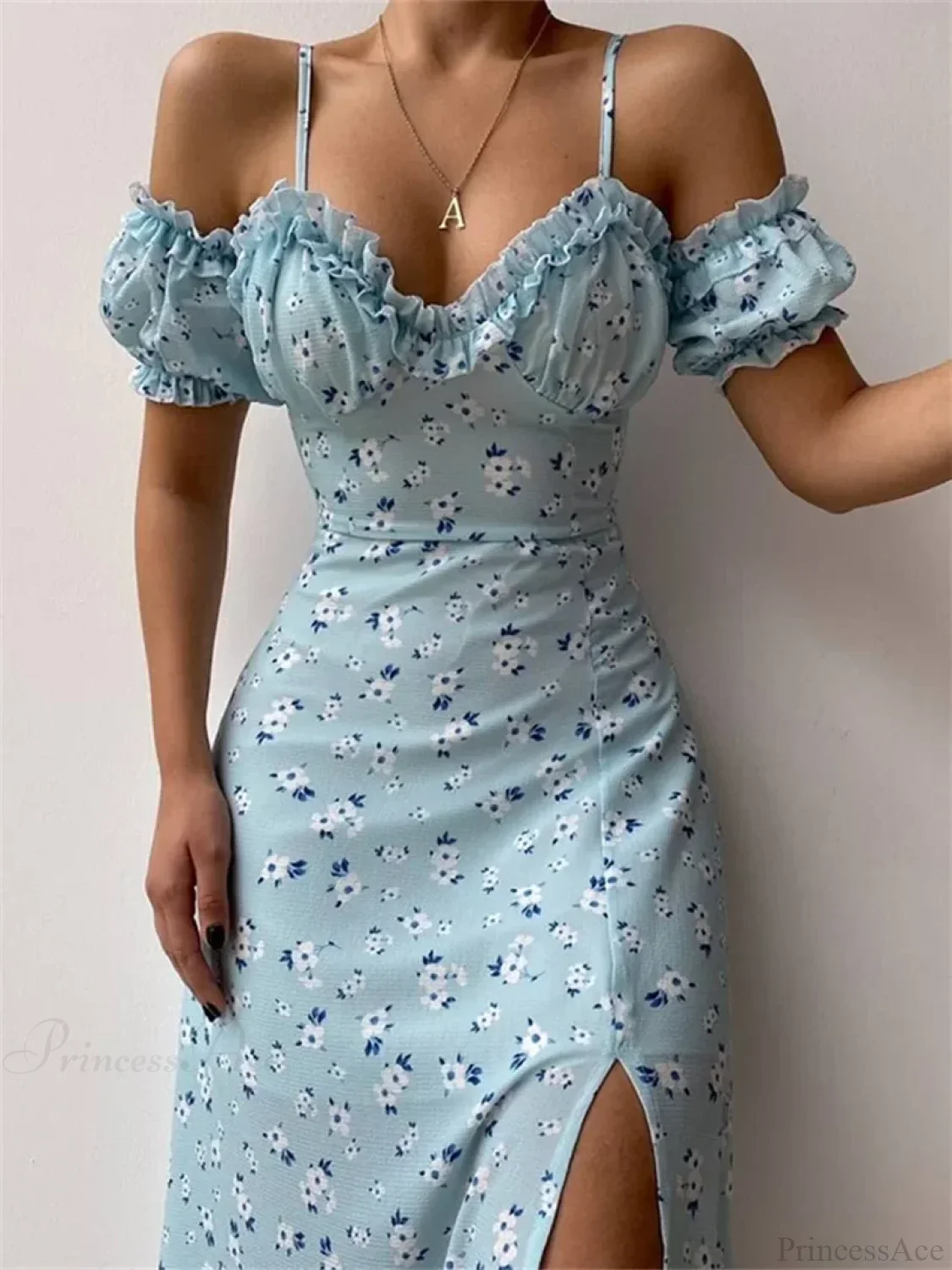 Off-Shoulder Frilly Suspender Short Sleeve Split Mid-Length A-Line Floral Dress - Image 2