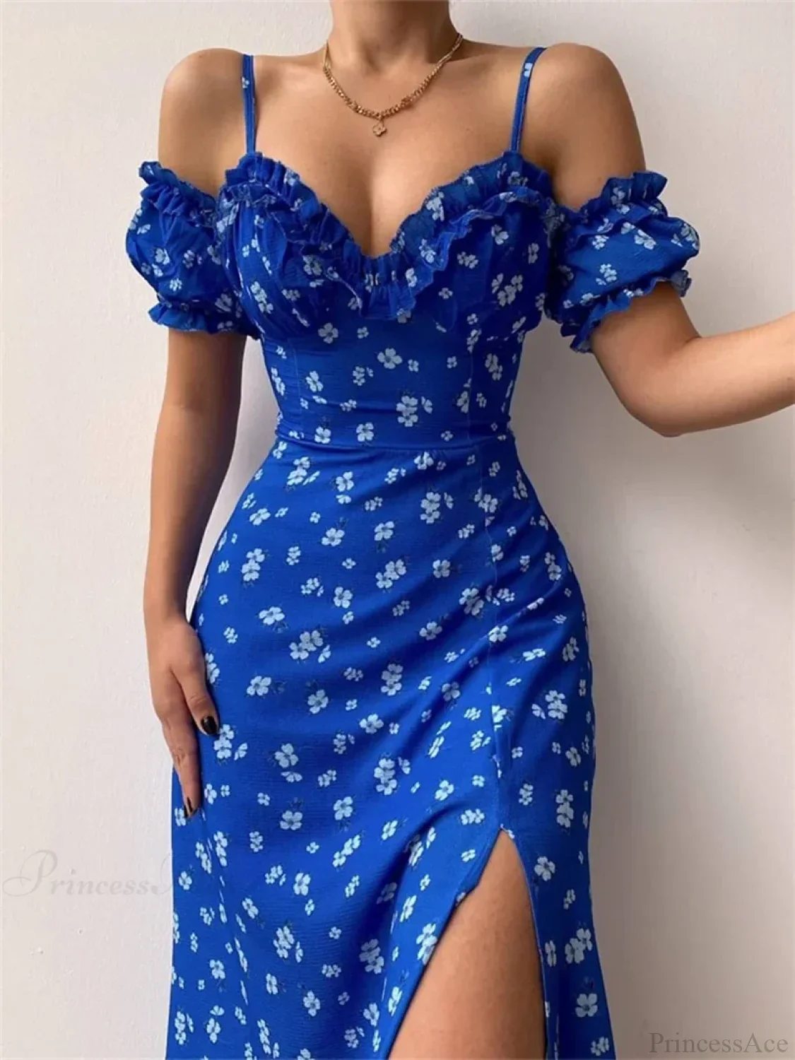 Off-Shoulder Frilly Suspender Short Sleeve Split Mid-Length A-Line Floral Dress - Image 4
