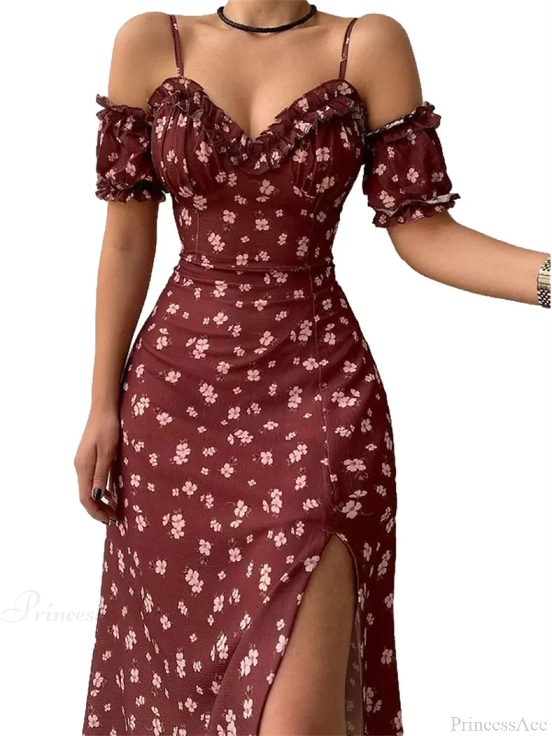 Off-Shoulder Frilly Suspender Short Sleeve Split Mid-Length A-Line Floral Dress - Image 8
