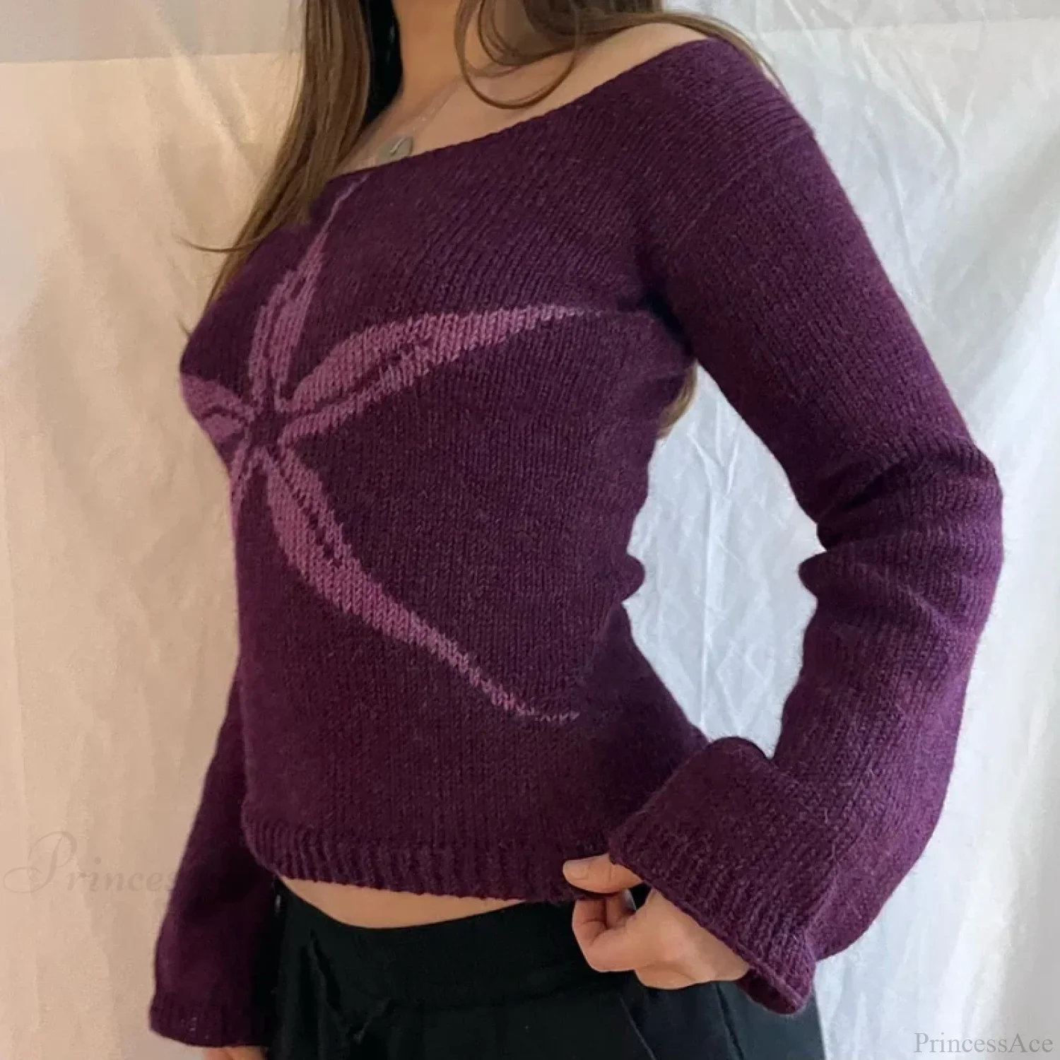 Off Shoulder Graphic Print Sweater Long Sleeve Knit Top Women - Image 2