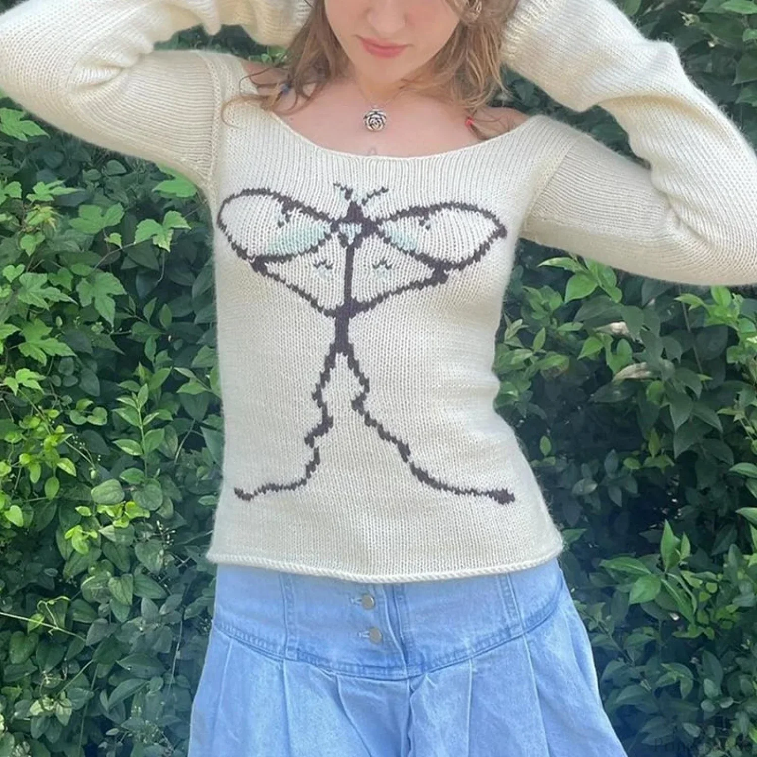 Off Shoulder Graphic Print Sweater Long Sleeve Knit Top Women - Image 4