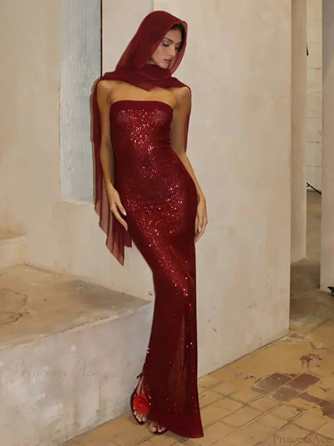 Off-shoulder High Split Sequin Party Dress - Image 5