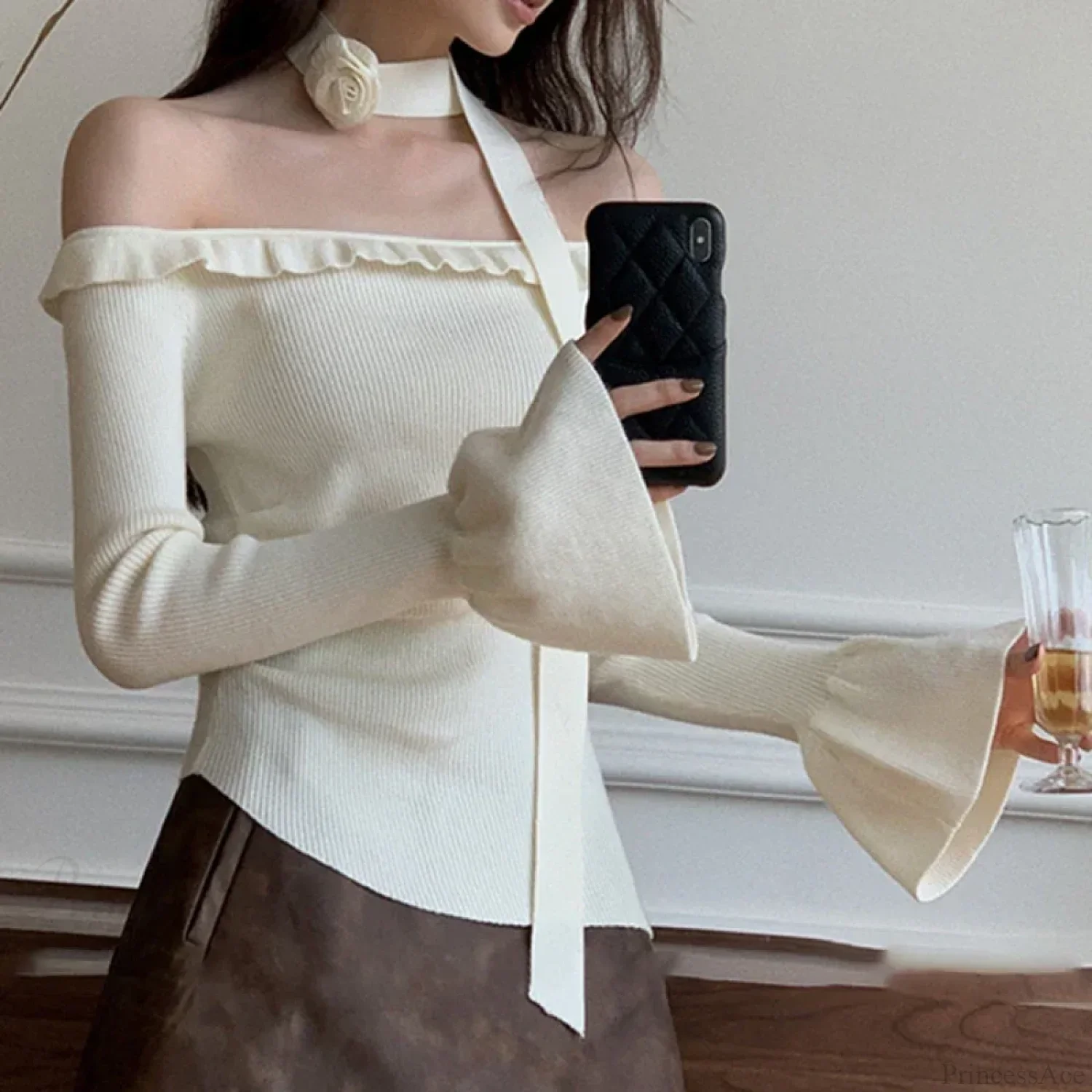 Off Shoulder Knit Crop Long Flare Sleeve Ruffle Trim Knit Top - Image 2