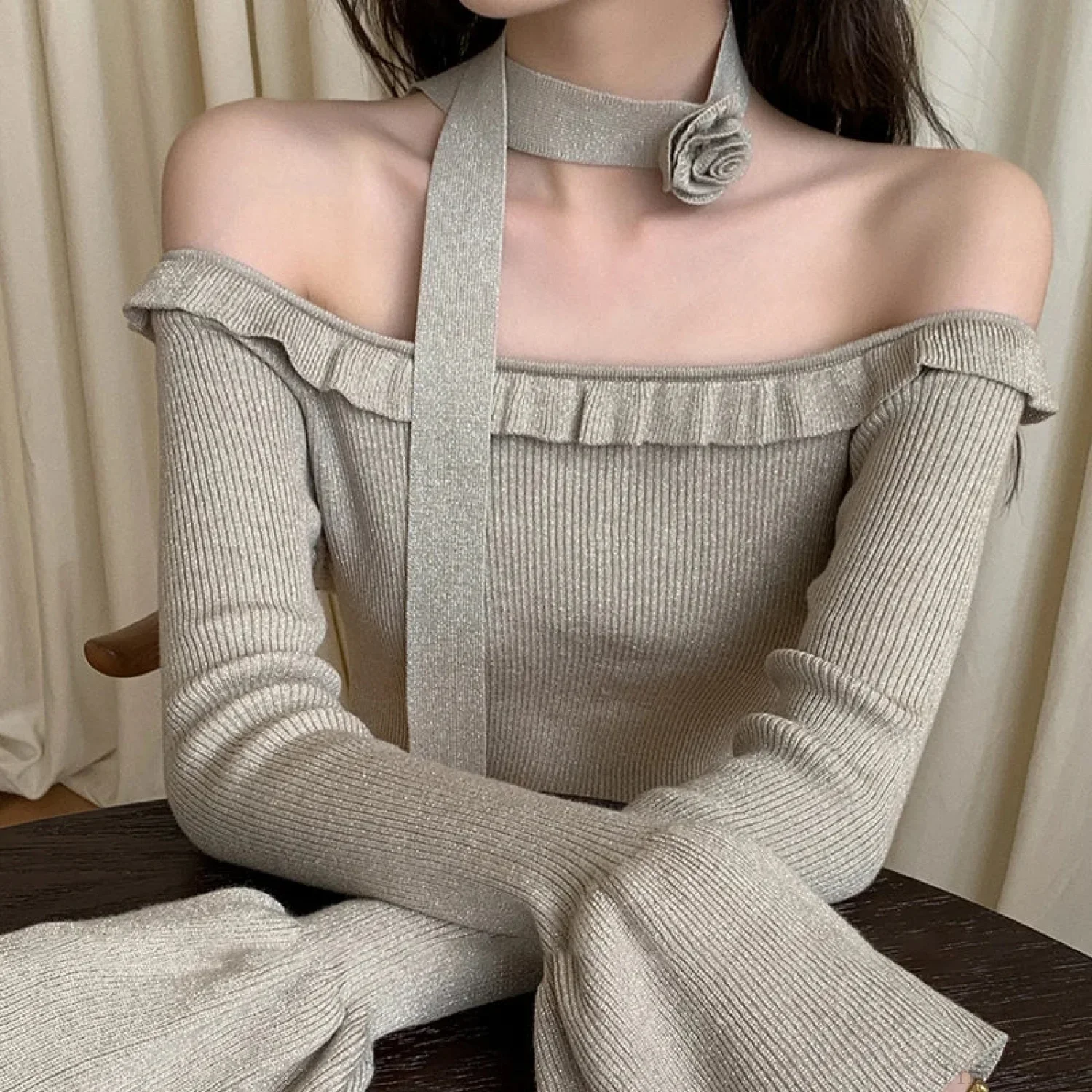 Off Shoulder Knit Crop Long Flare Sleeve Ruffle Trim Knit Top - Image 4