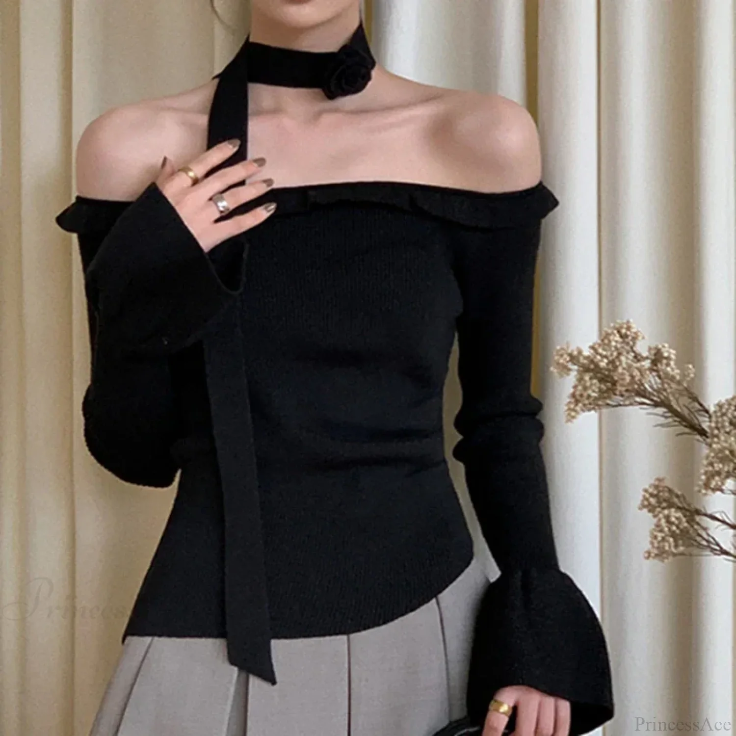 Off Shoulder Knit Crop Long Flare Sleeve Ruffle Trim Knit Top - Image 5