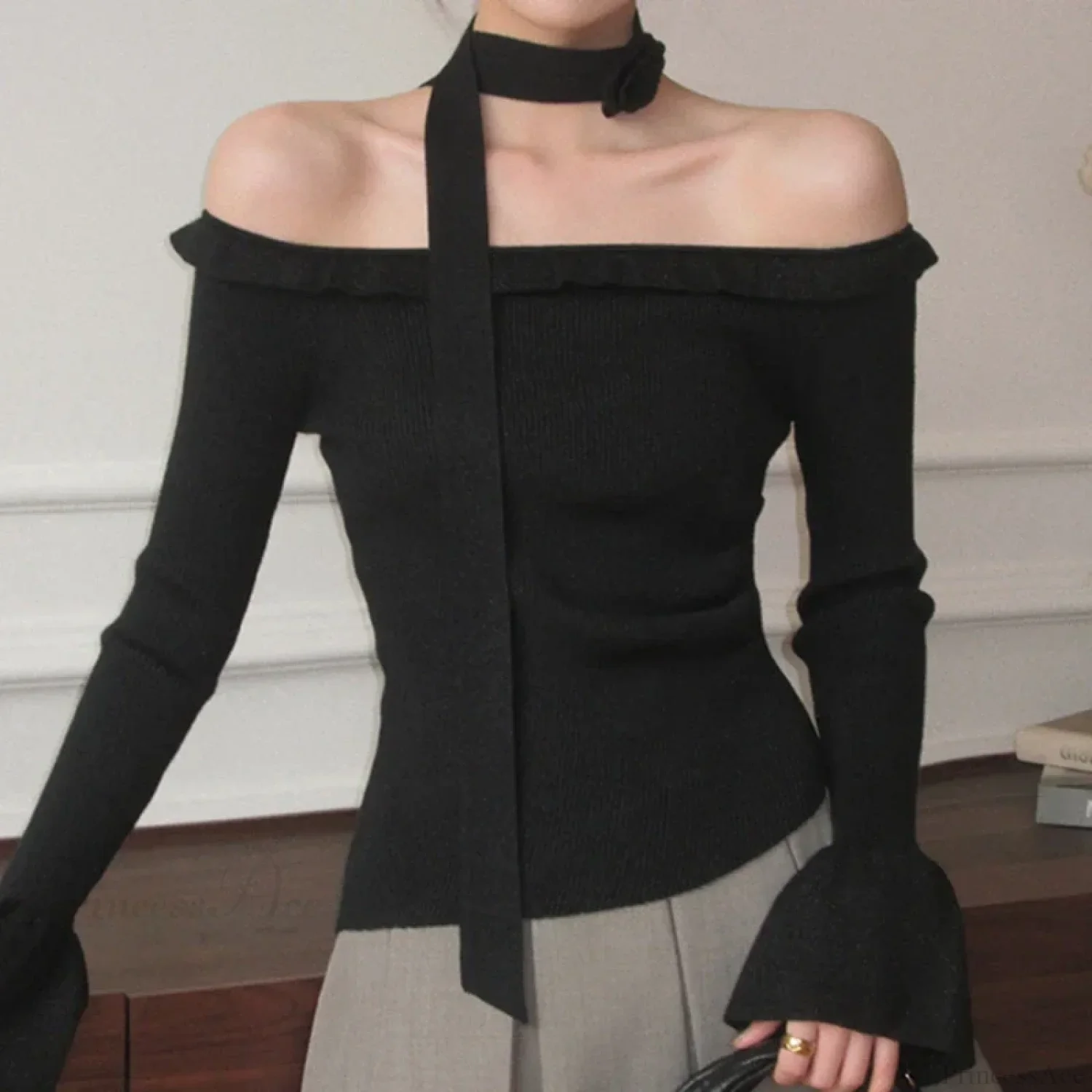 Off Shoulder Knit Crop Long Flare Sleeve Ruffle Trim Knit Top - Image 6