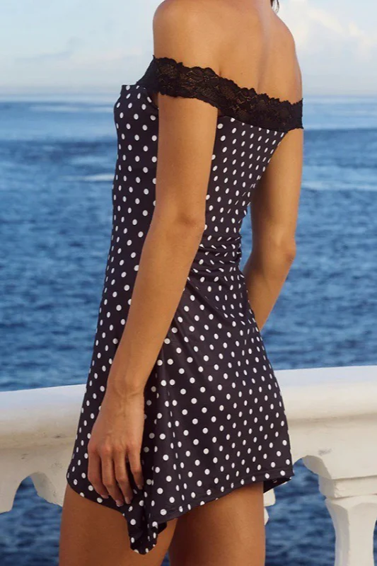 Off-Shoulder Lace Trim Polka Dot Bodycon Mini Dress - Image 2