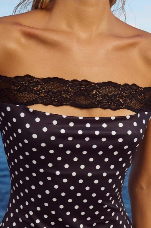 Off-Shoulder Lace Trim Polka Dot Bodycon Mini Dress - Image 3