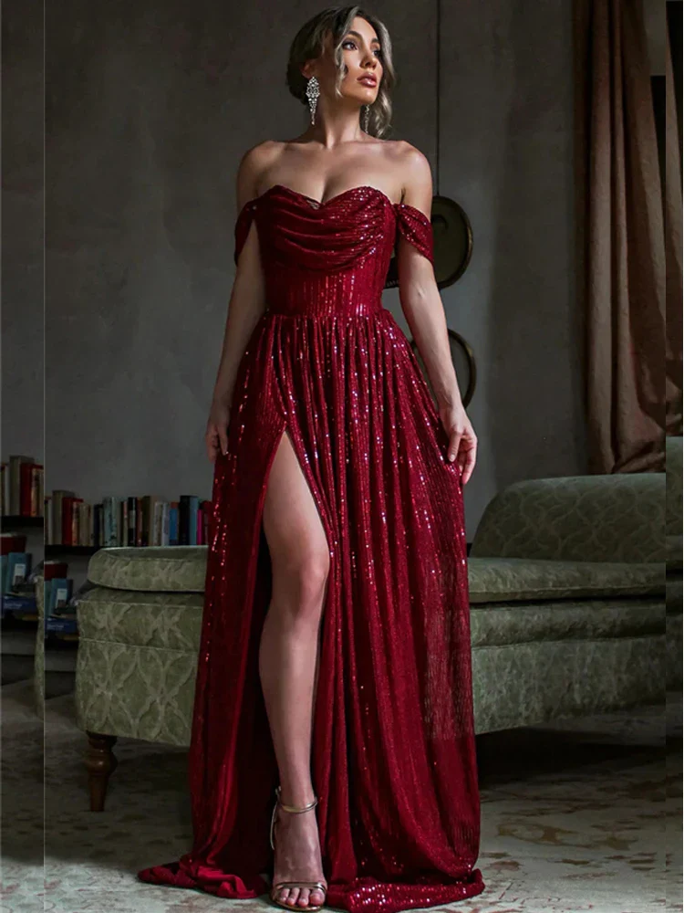 Off-Shoulder Ruched Sequin Party Dress