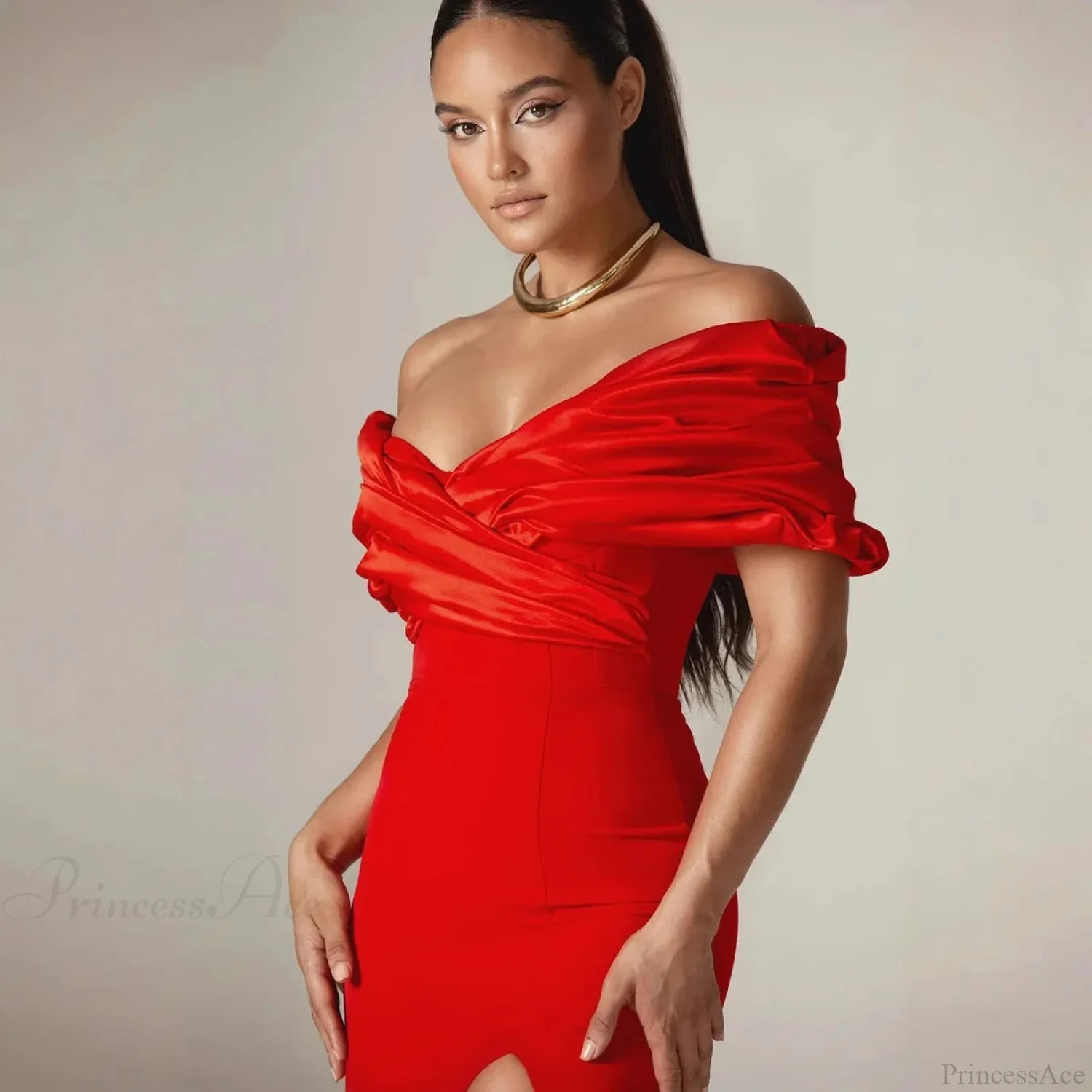 Off Shoulder Ruched Slit Satin Maxi Prom Dress - Image 4