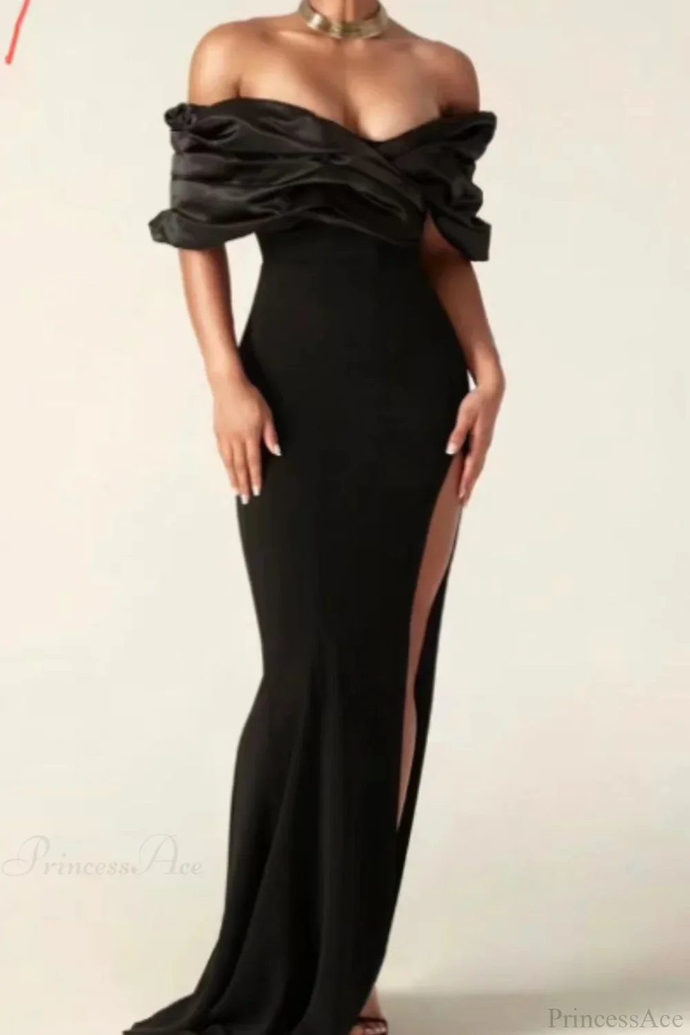 Off Shoulder Ruched Slit Satin Maxi Prom Dress - Image 5