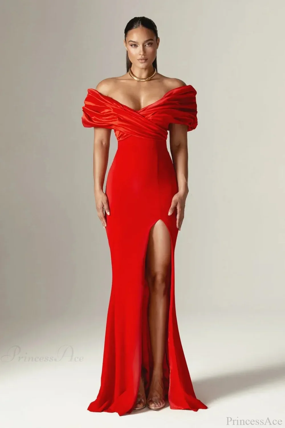 Off Shoulder Ruched Slit Satin Maxi Prom Dress - Image 6