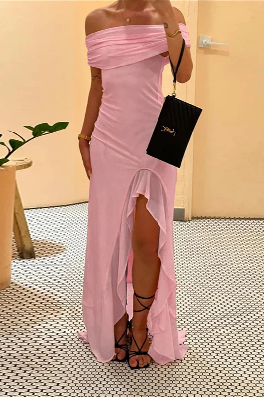 Off-Shoulder Ruffle Mesh Split Maxi Party Dress - Image 10